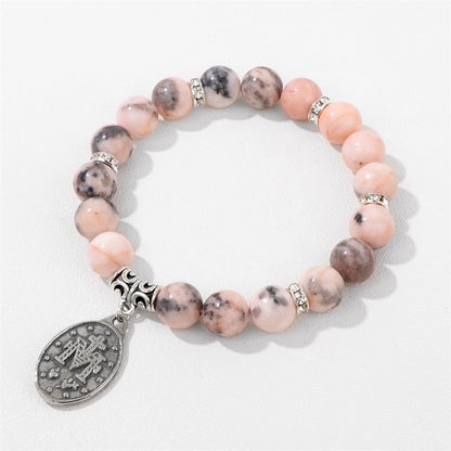Pink and White Zebra Stone Miraculous Medal Stretch Bracelet Amen Artisan