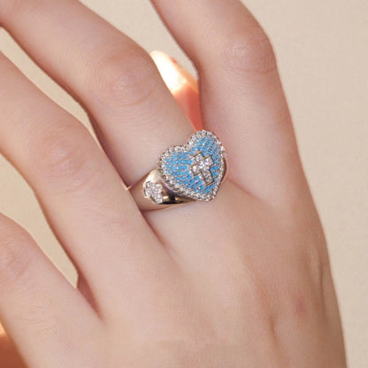 Blue Heart Cross Open Ring with Rhinestone Accents
