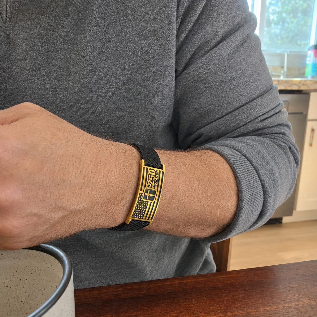 Adjustable America 250 Bracelet with Braided Band and Cross Detail