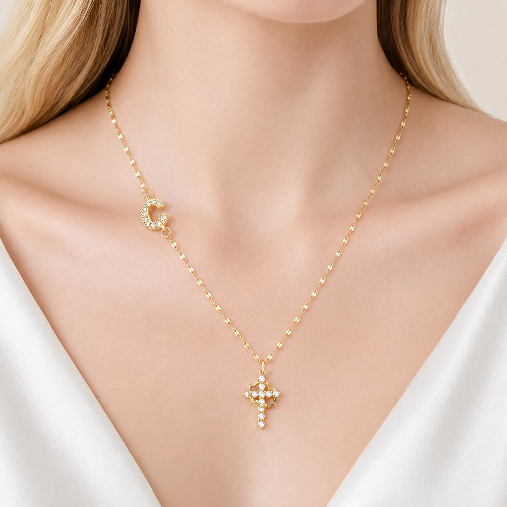 Sparkling Zircon Cross Necklace with A-Z Initial Charm