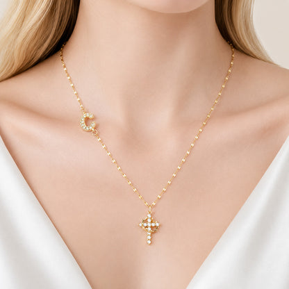 Sparkling Zircon Cross Necklace with A-Z Initial Charm