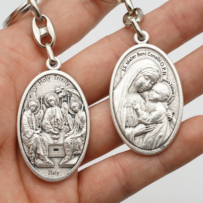 Our Lady of Good Counsel Keychain—Zinc alloy. Vintage grey Amen Artisan