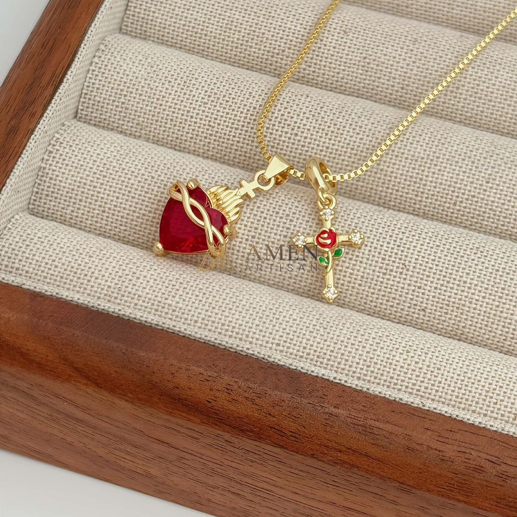 Zircon Sacred Heart & Rose Cross Double Pendant Necklace Amen Artisan