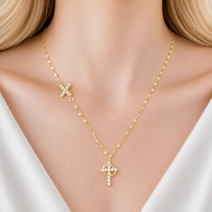 Sparkling Zircon Cross Necklace with A-Z Initial Charm