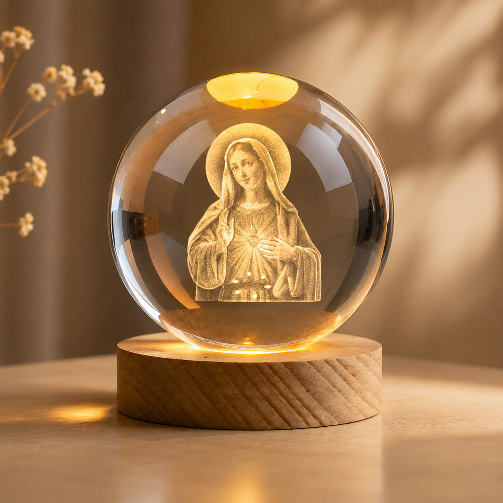 Virgin Mary Crystal Ball Night Light with Warm Wooden Base