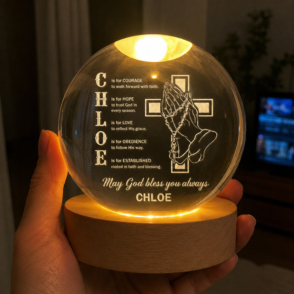【Deal Today】Personalized Name Faith Blessing Crystal Ball Night Light with Praying Hands & Cross Design — Blessing