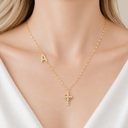 Sparkling Zircon Cross Necklace with A-Z Initial Charm