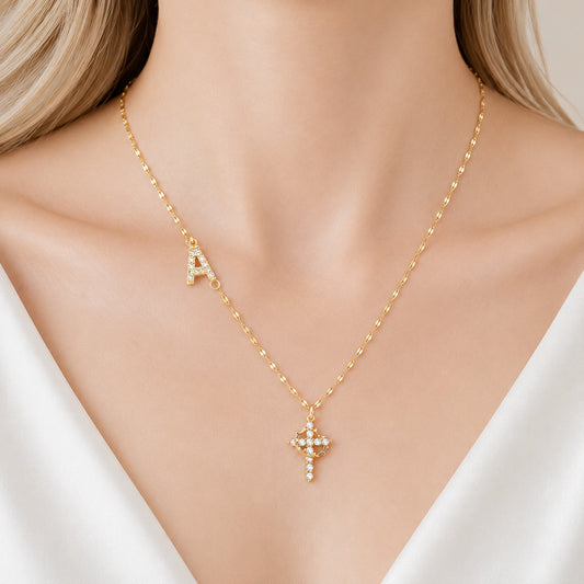 Sparkling Zircon Cross Necklace with A-Z Initial Charm