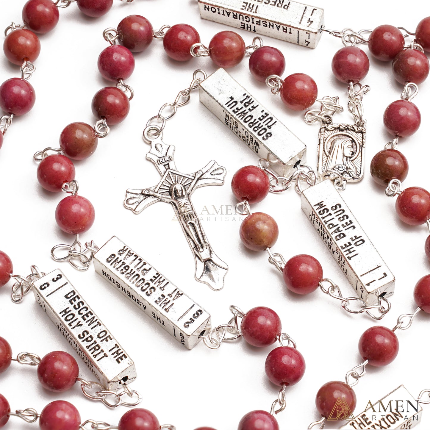 Matte Blue Chalcedony Bead Rosary with 5 Mysteries Amen Artisan