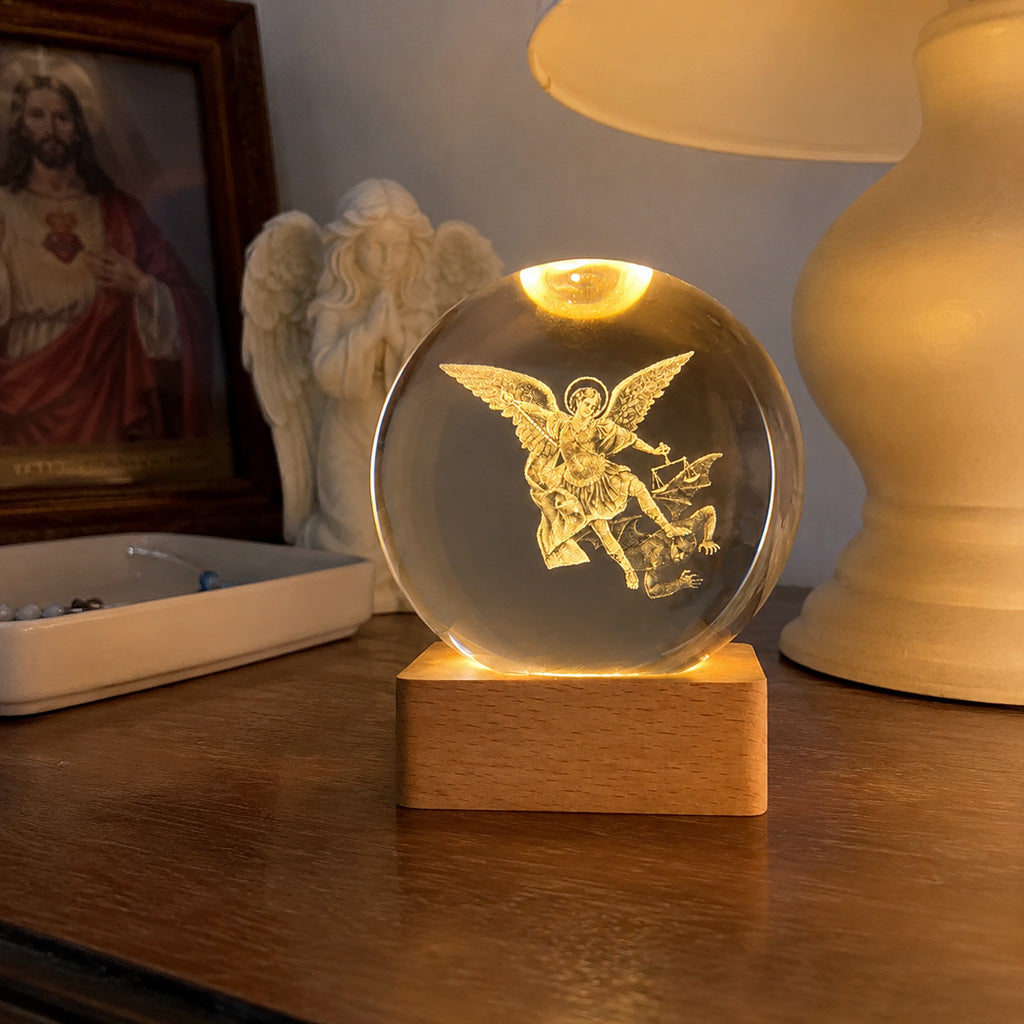 St. Michael Crystal Night Light with Wooden Base — Protection