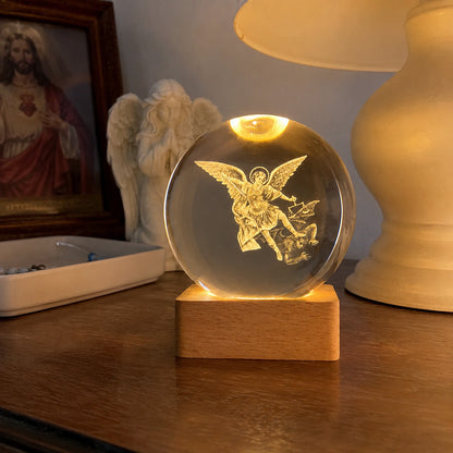 St. Michael Crystal Night Light with Wooden Base — Protection