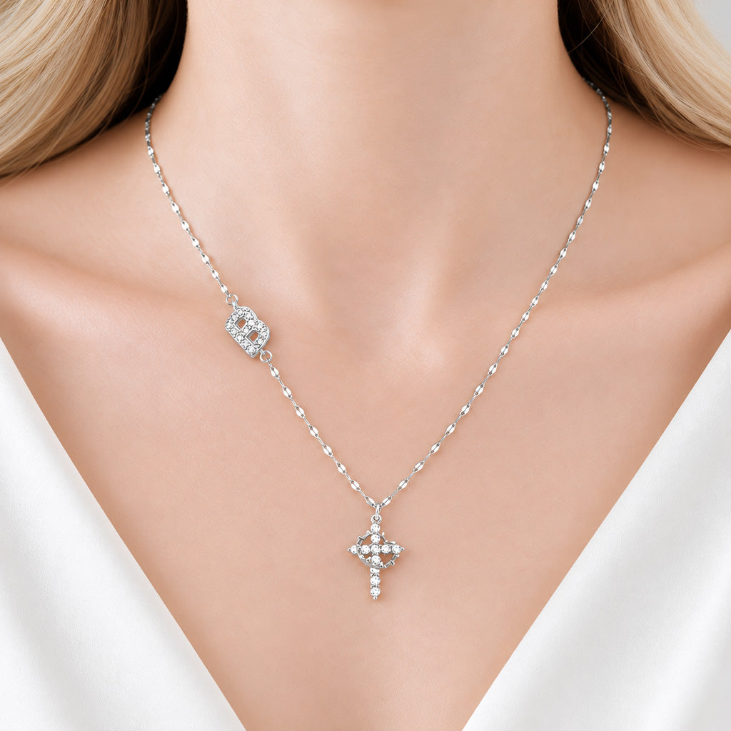 Sparkling Zircon Cross Necklace with A-Z Initial Charm