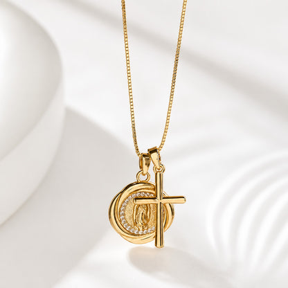 Our Lady Double Pendant Necklace with Cross Charm