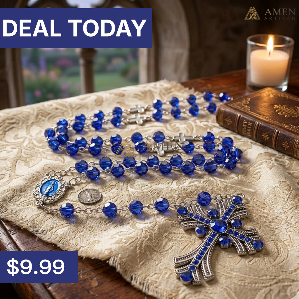 Royal Cobalt Blue Faceted Rosary – Jewel-Encrusted Art Deco Crucifix with Miraculous Medal – Sacred Devotional Prayer Beads