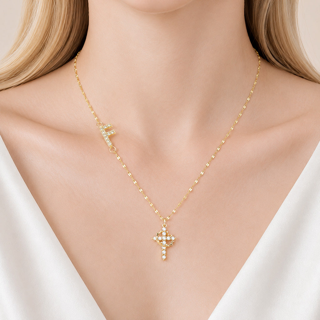 Sparkling Zircon Cross Necklace with A-Z Initial Charm