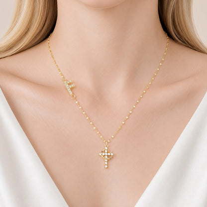 Sparkling Zircon Cross Necklace with A-Z Initial Charm