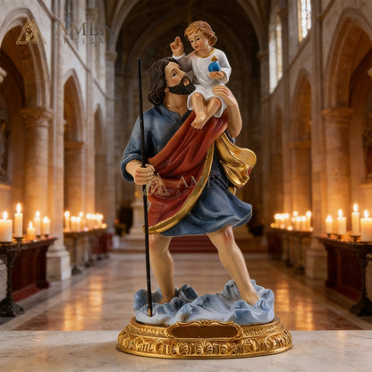 Saint Christopher & Child Jesus Hand-Painted Religious Statue Amen Artisan