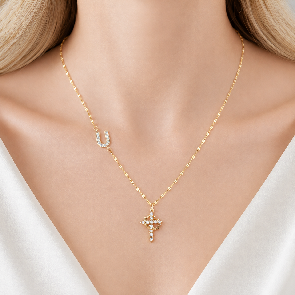 Sparkling Zircon Cross Necklace with A-Z Initial Charm