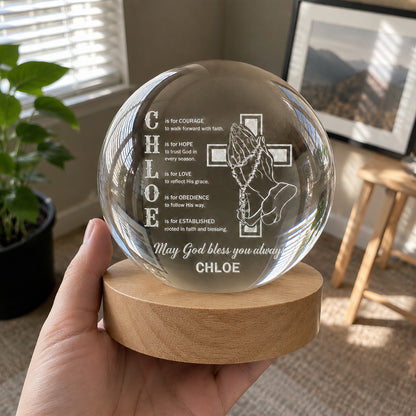 【Deal Today】Personalized Name Faith Blessing Crystal Ball Night Light with Praying Hands & Cross Design — Blessing