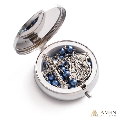 St. Michael Rosary with Blue Enamel Storage Box - Faith & Strength| Amen Artisan