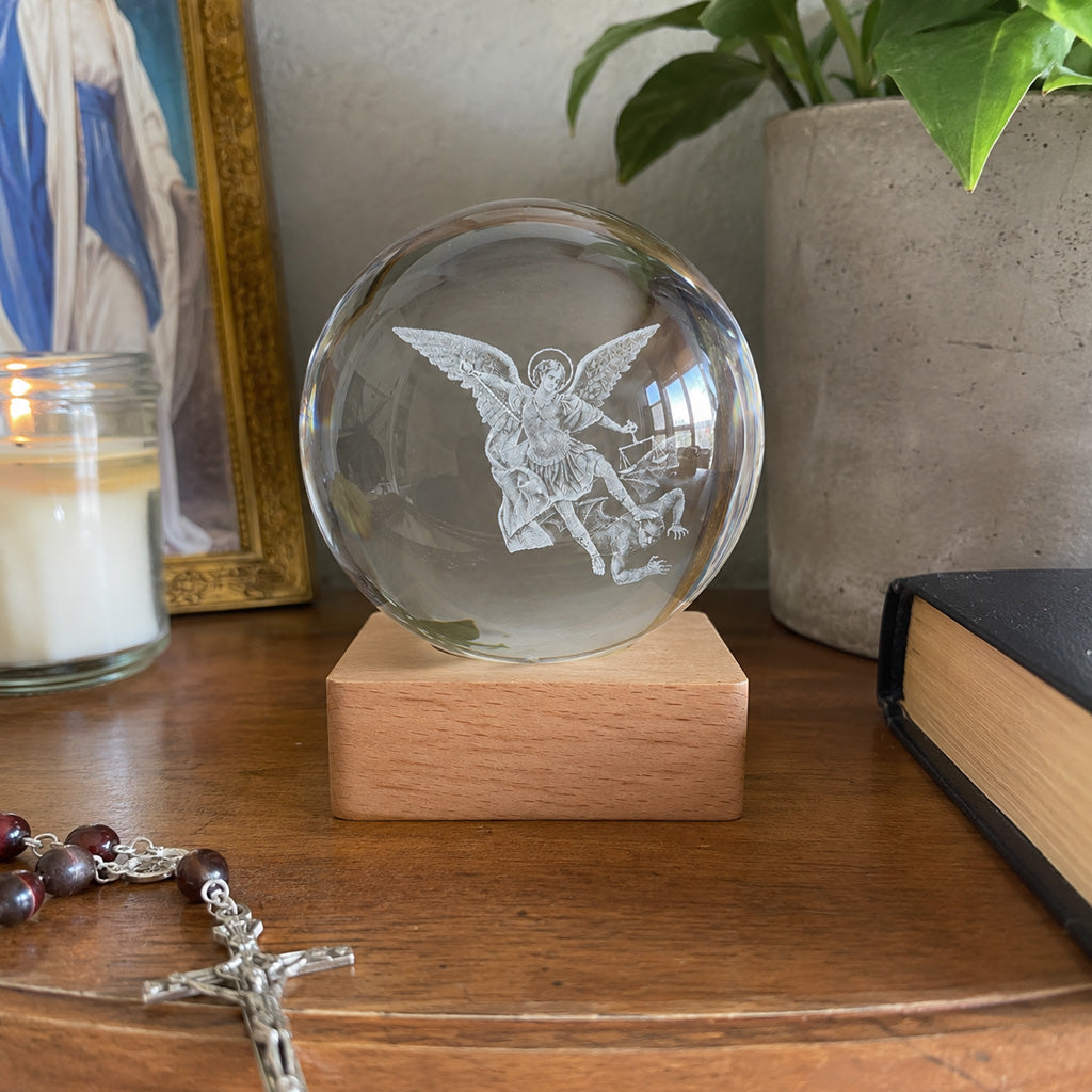 St. Michael Crystal Night Light with Wooden Base — Protection
