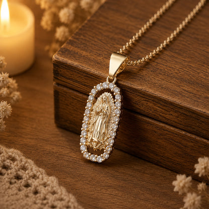 Our Lady Medal Necklace with Rhinestone Frame — Grace