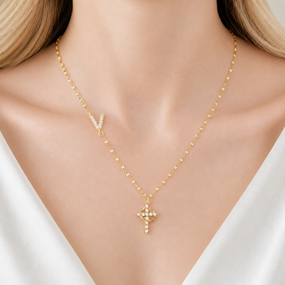Sparkling Zircon Cross Necklace with A-Z Initial Charm