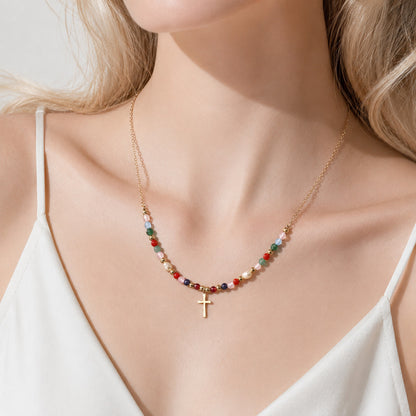 Colorful Beaded Cross Necklace with Natural Stone Details
