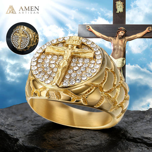 Gold Christ Ring with Diamond and Crucifix Amen Artisan