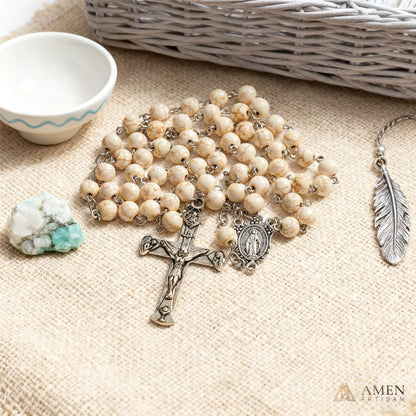 White Turquoise Miraculous Medal Rosary Amen Artisan