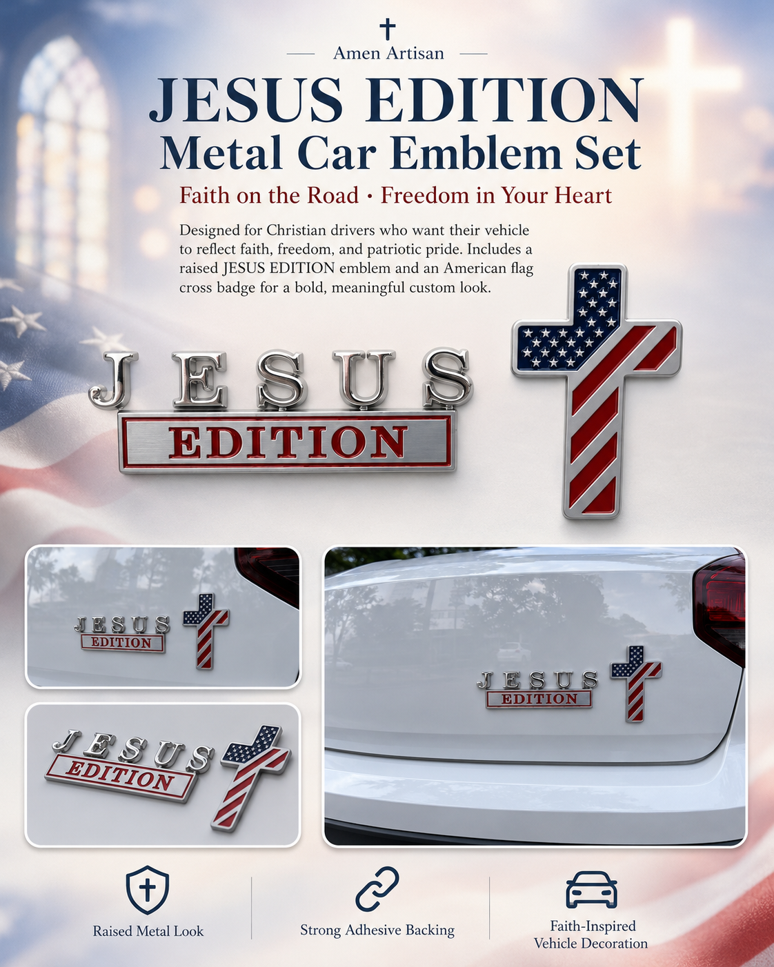 JESUS EDITION Metal Car Emblem Set - Christian Faith, Liberty & Personal Belief | Amen Artisan
