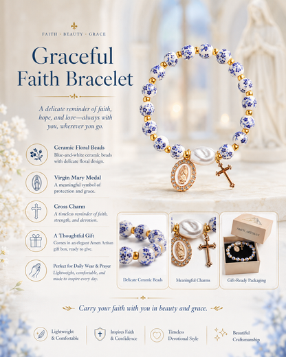 【Deal Today】Blue and White Pottery Beads & Baroque Pearl Elastic Cord Cross Bracelet