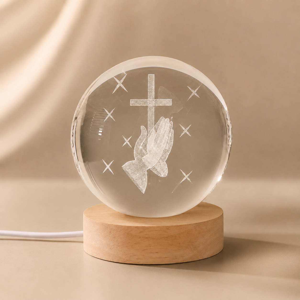 Christian Crystal Ball Night Light with Praying Hands and Cross — Peace