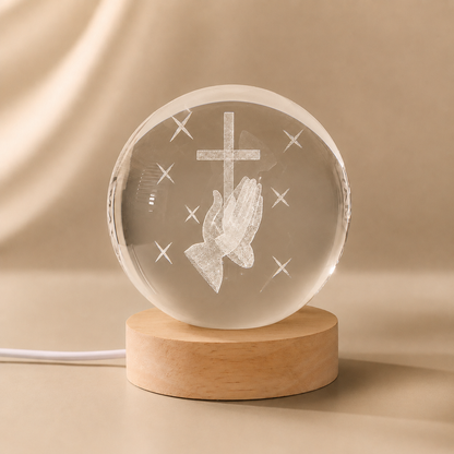 Christian Crystal Ball Night Light with Praying Hands and Cross — Peace