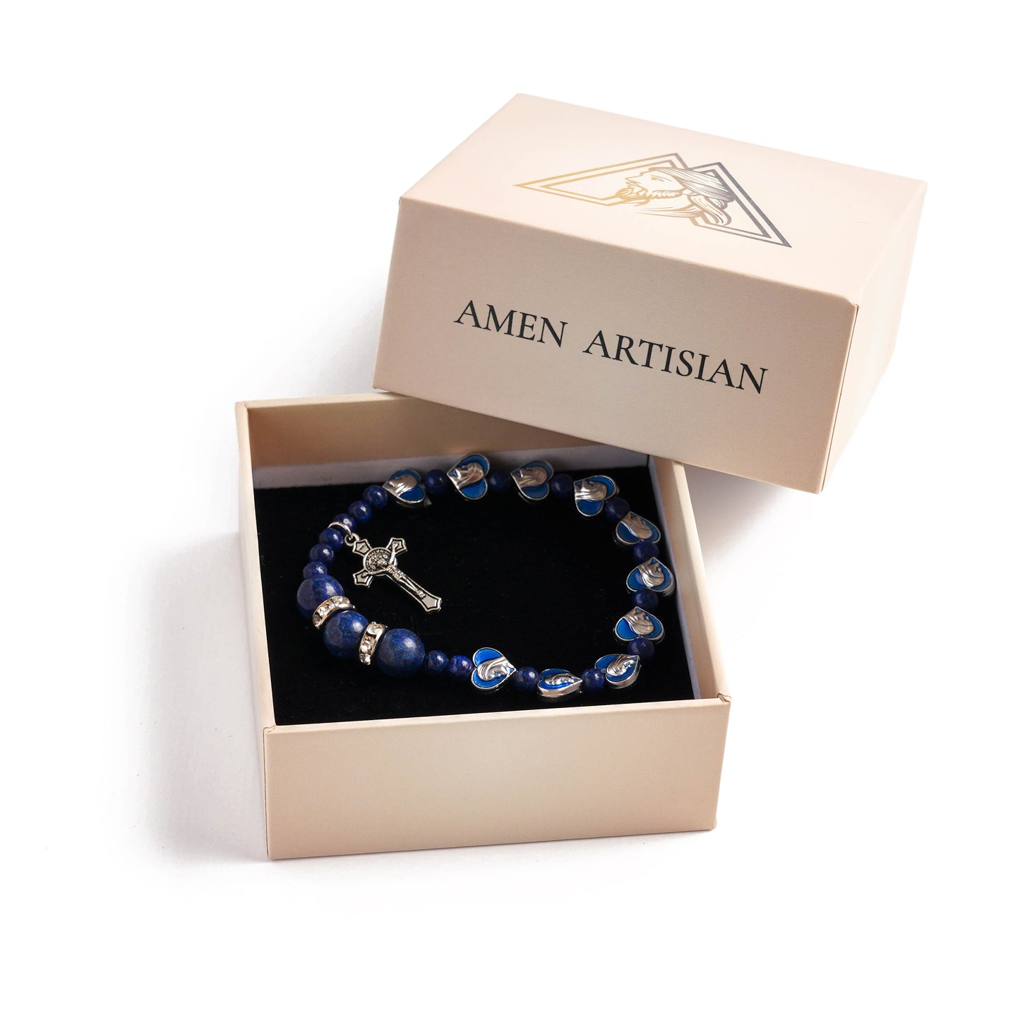 Lapis Lazuli Zircon Enamel Divine Mary of the Heart Blue Beads Crucifix Stretch Bracelet