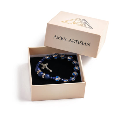 Lapis Lazuli Zircon Enamel Divine Mary of the Heart Blue Beads Crucifix Stretch Bracelet