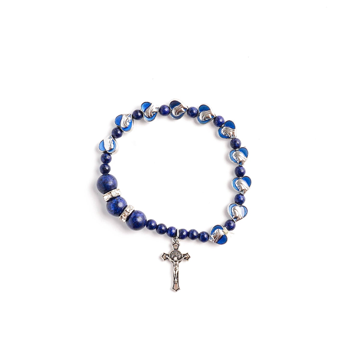 Lapis Lazuli Zircon Enamel Divine Mary of the Heart Blue Beads Crucifix Stretch Bracelet