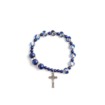 Lapis Lazuli Zircon Enamel Divine Mary of the Heart Blue Beads Crucifix Stretch Bracelet