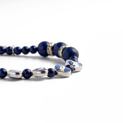 Lapis Lazuli Zircon Enamel Divine Mary of the Heart Blue Beads Crucifix Stretch Bracelet