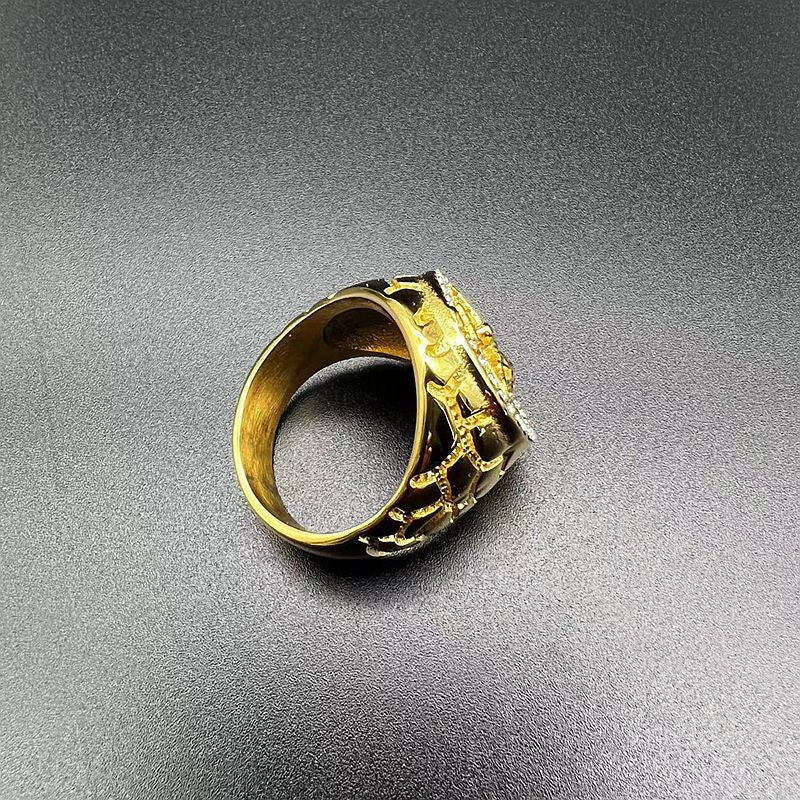 Gold Christ Ring with Diamond and Crucifix Amen Artisan