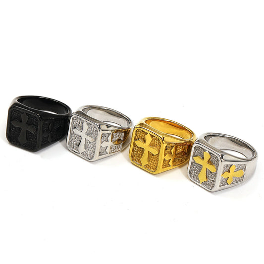 Amen Artisan Vintage Cross Stone Texture Titanium Steel Ring