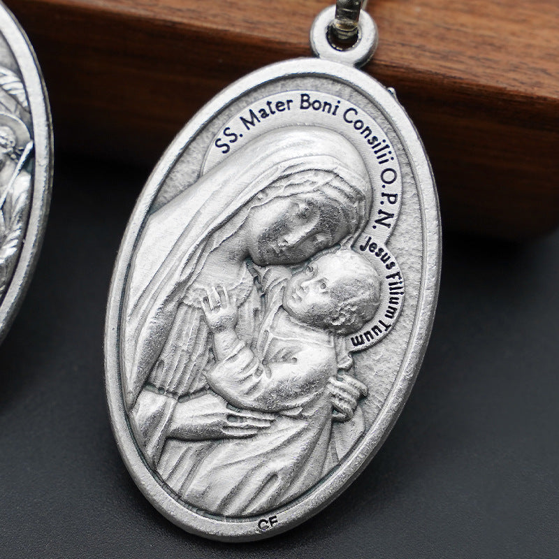 Our Lady of Good Counsel Keychain—Zinc alloy. Vintage grey Amen Artisan