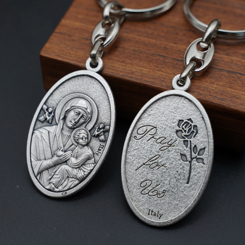 Our Lady of Perpetual Help Keychain—Zinc alloy. Vintage grey Amen Artisan