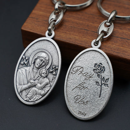Our Lady of Perpetual Help Keychain—Zinc alloy. Vintage grey Amen Artisan