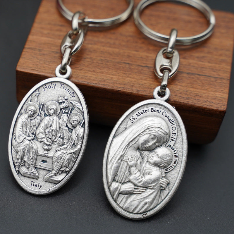 Our Lady of Good Counsel Keychain—Zinc alloy. Vintage grey Amen Artisan