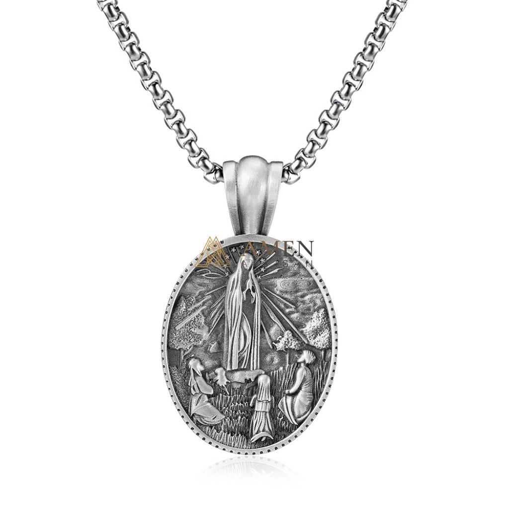Our Lady of Fatima Apparition Oval Pendant Necklace Amen Artisan
