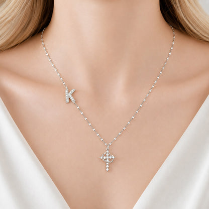 Sparkling Zircon Cross Necklace with A-Z Initial Charm
