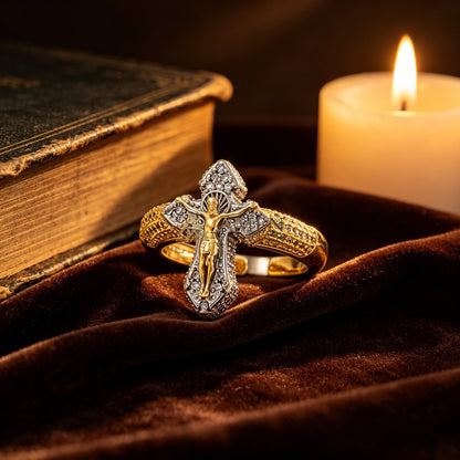 Cubic Zirconia Crucifix Open Ring in Brass - Faith, Hope & Protection |  Amen Artisan
