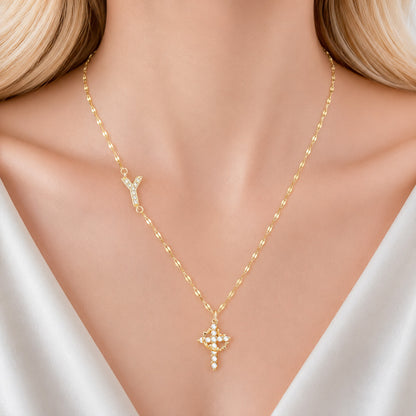 Sparkling Zircon Cross Necklace with A-Z Initial Charm