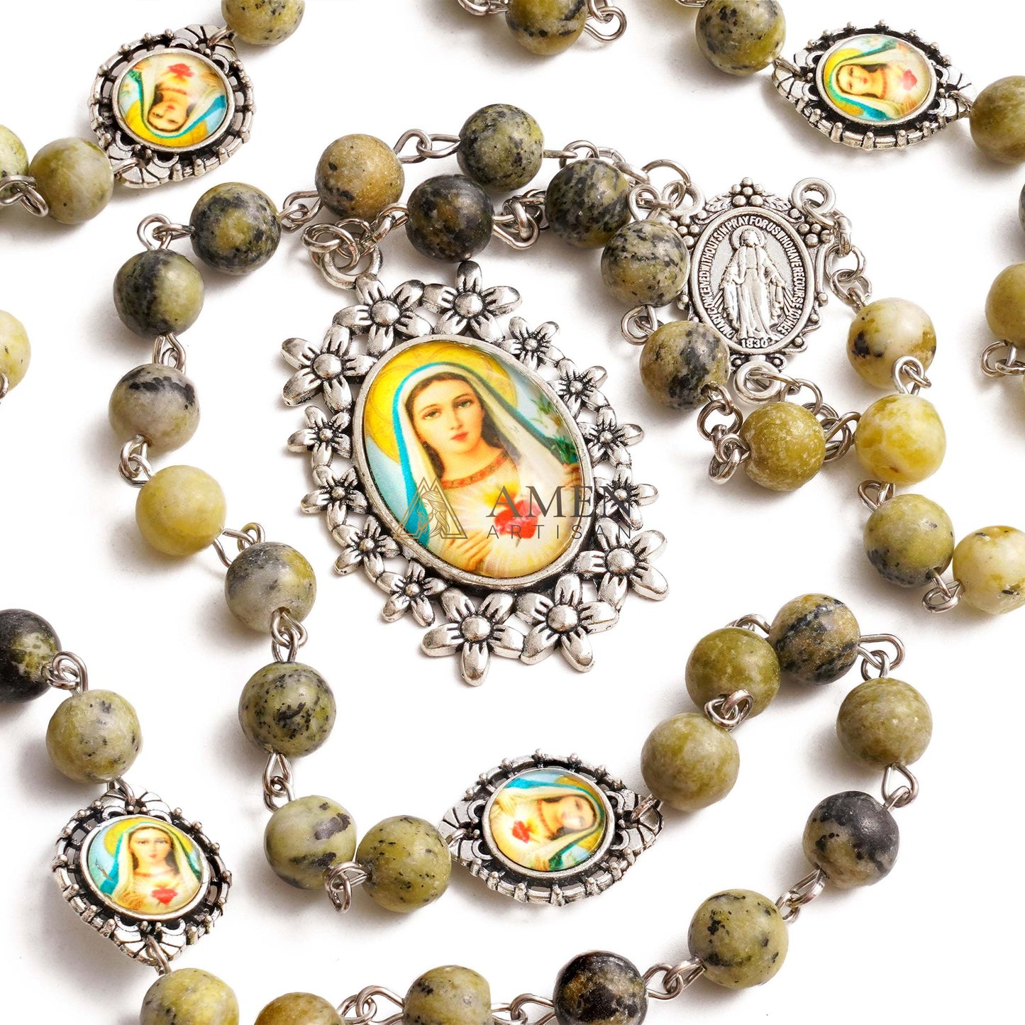 Yellow Turquoise Immaculate Heart of Mary Rosary Amen Artisan